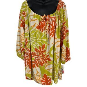 Strawberry Guava RJC XXXL 3XL Aloha Hawaiian Tunic Green Floral 3/4 Keyhole New